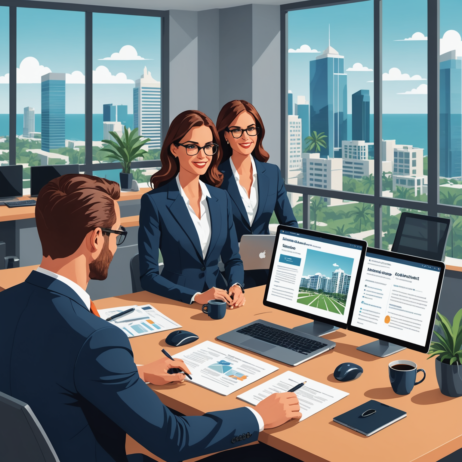 Illustration of a real estate agent and virtual assistant collaborating over digital Florida map.